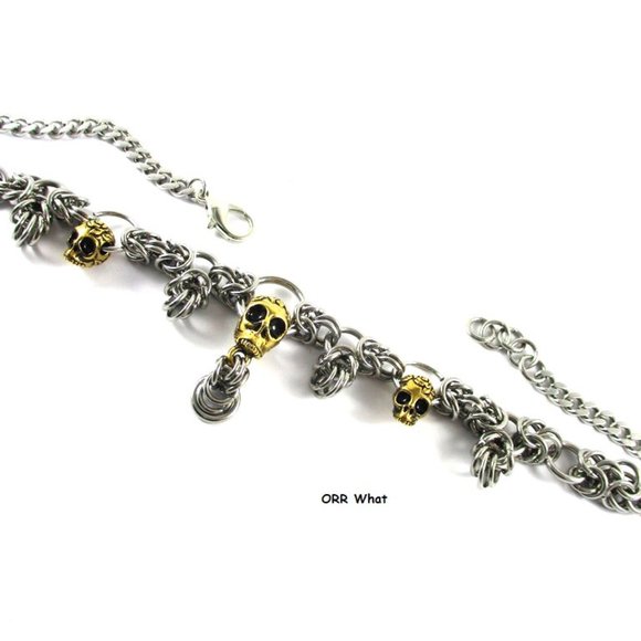 Gold Skulls Rose Silver Chain Maille Link Choker Boot Chain Rocker Goth Punk Fun - Picture 7 of 10